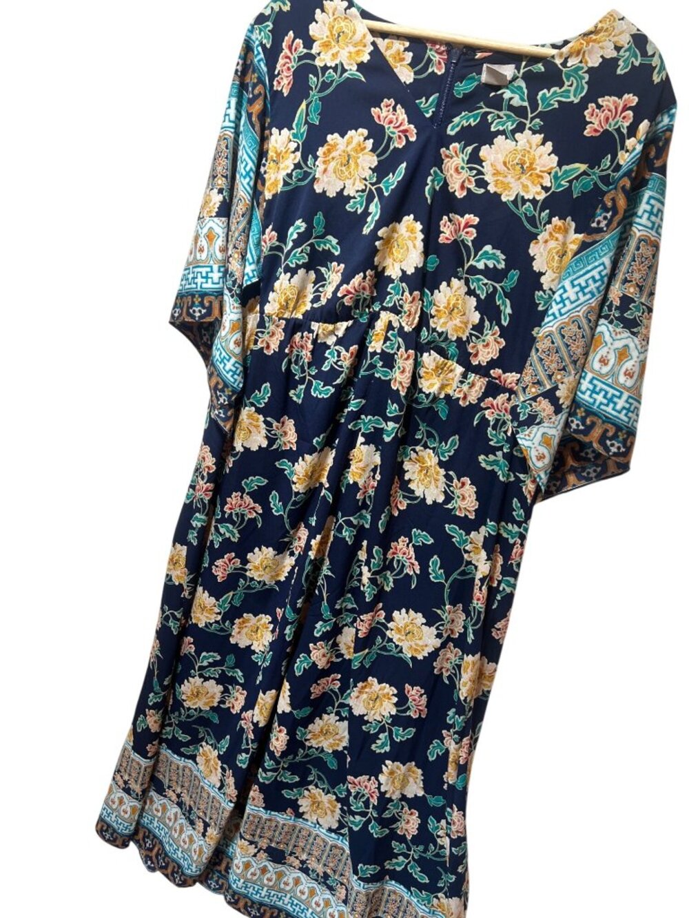 Chicos Navy Floral Border Print Maxi Muu Muu Dress Size 3 Kimono Sleeves Relaxed